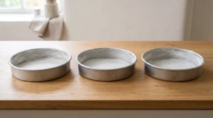 Three round cake pans greased, floured, and lined with parchment paper rounds sitting on a wooden countertop.