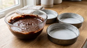 A glass mixing bowl filled with dark chocolate cake batter next to three prepared round cake pans with parchment paper on a wooden countertop.