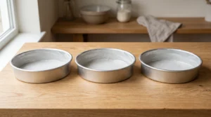 Three greased and floured round cake pans lined with parchment paper on a wooden countertop.