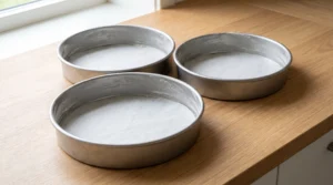 Three round cake pans greased, floured, and lined with parchment paper rounds on a wooden countertop.