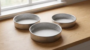 Three round cake pans greased, floured, and lined with parchment paper rounds on a wooden countertop.