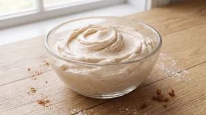 A glass bowl filled with smooth, fluffy cream cheese frosting dusted with cinnamon on a wooden countertop.