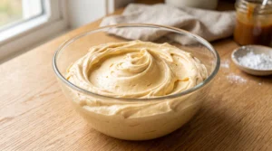 A glass bowl filled with smooth, fluffy caramel buttercream frosting with a jar of caramel and bowl of powdered sugar in the background on a wooden countertop.