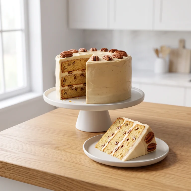 A three-layer maple pecan cake on a white cake stand with a missing slice and a single slice on a plate in the foreground.