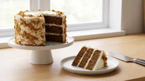 A sliced three-layer spice cake on a cake stand with a single slice on a white plate next to a knife.