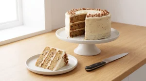 A sliced three-layer maple pecan cake on a white cake stand with a single slice on a plate and a knife nearby.