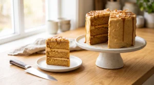 A sliced three-layer caramel cake on a white cake stand with a single slice on a plate and a knife on a wooden surface.