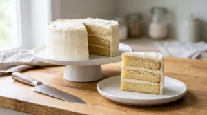 A sliced three-layer vanilla cake on a white cake stand, with a single slice on a plate and a knife resting on a wooden countertop.