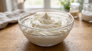 A glass bowl filled with perfectly stiff, piped whipped cream peaks on a wooden countertop.