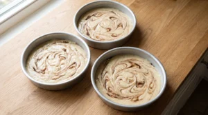 Three round cake pans filled with swirled cinnamon sugar and batter on a wooden countertop.