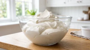 A glass bowl filled with freshly whipped soft cream peaks on a wooden countertop.