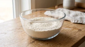 A glass bowl containing flour, baking powder, and salt on a wooden countertop.